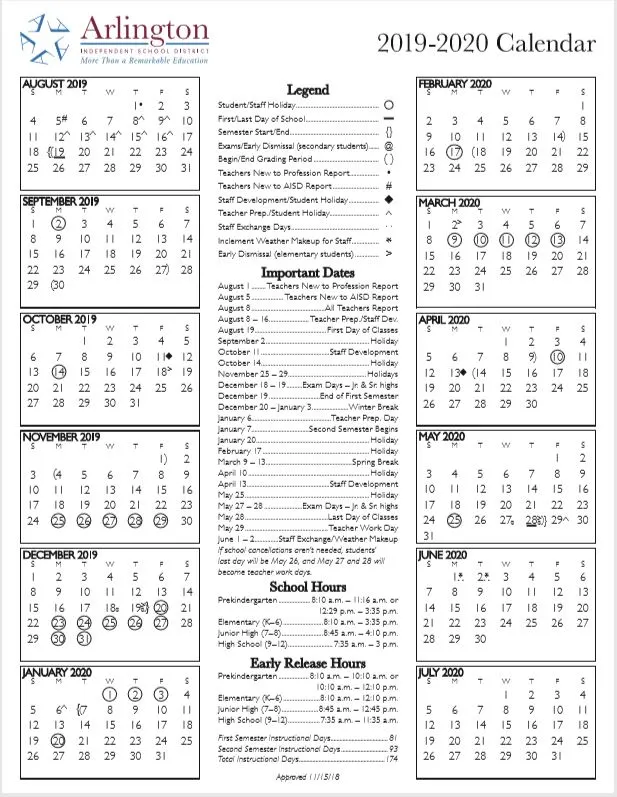 Arlington ISD School Calendar 2019-2020