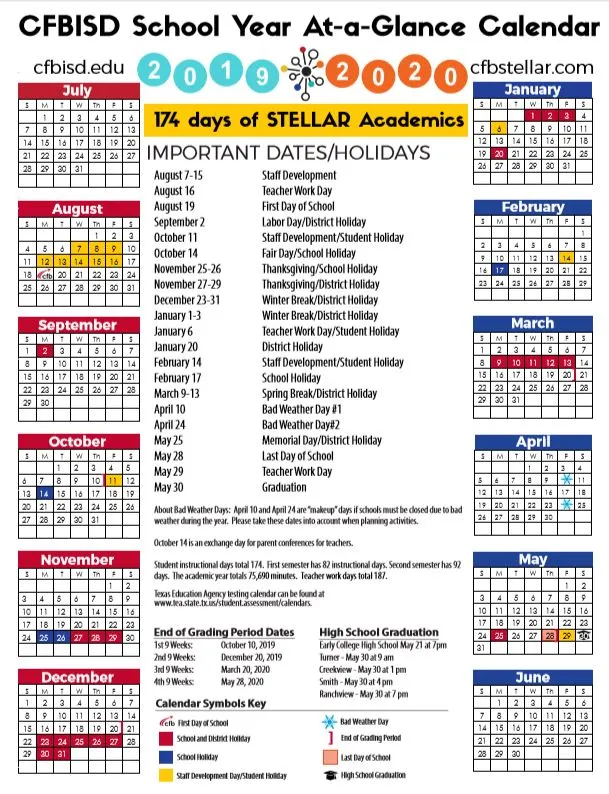 Carrollton ISD School Calendar 2019-2020