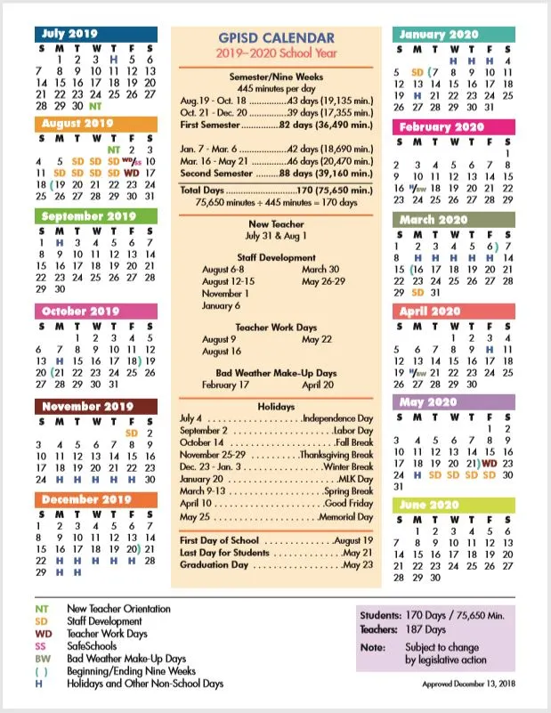 Grand Prairie ISD School Calendar 2019-2020