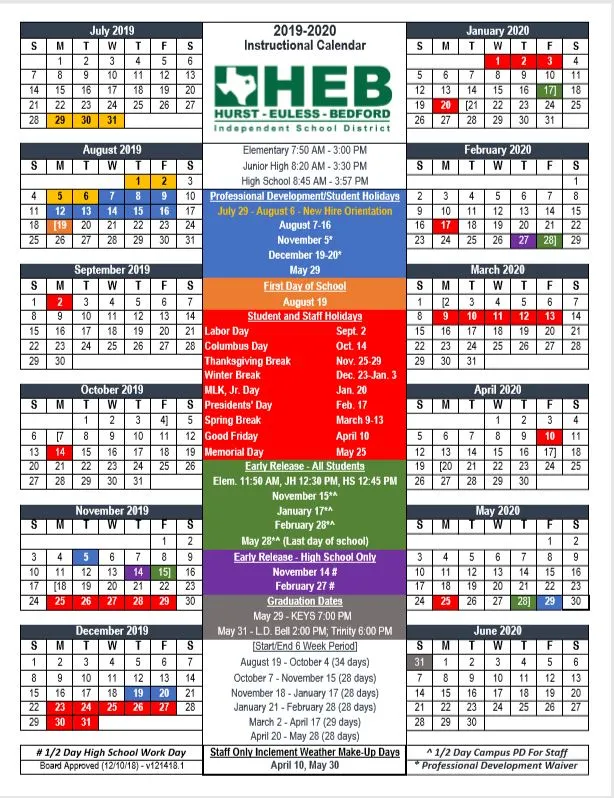 Hurst/Euless/Bedford ISD School Calendar 2019-2020