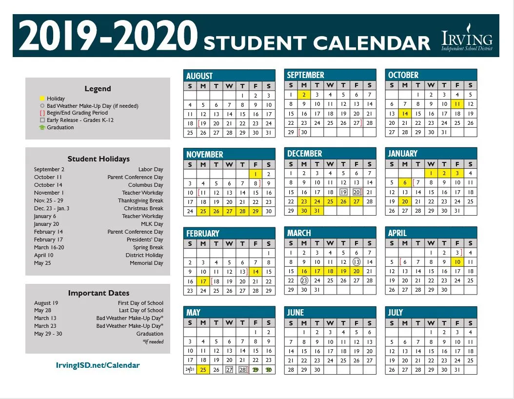 Irving ISD School Calendar 2019-2020