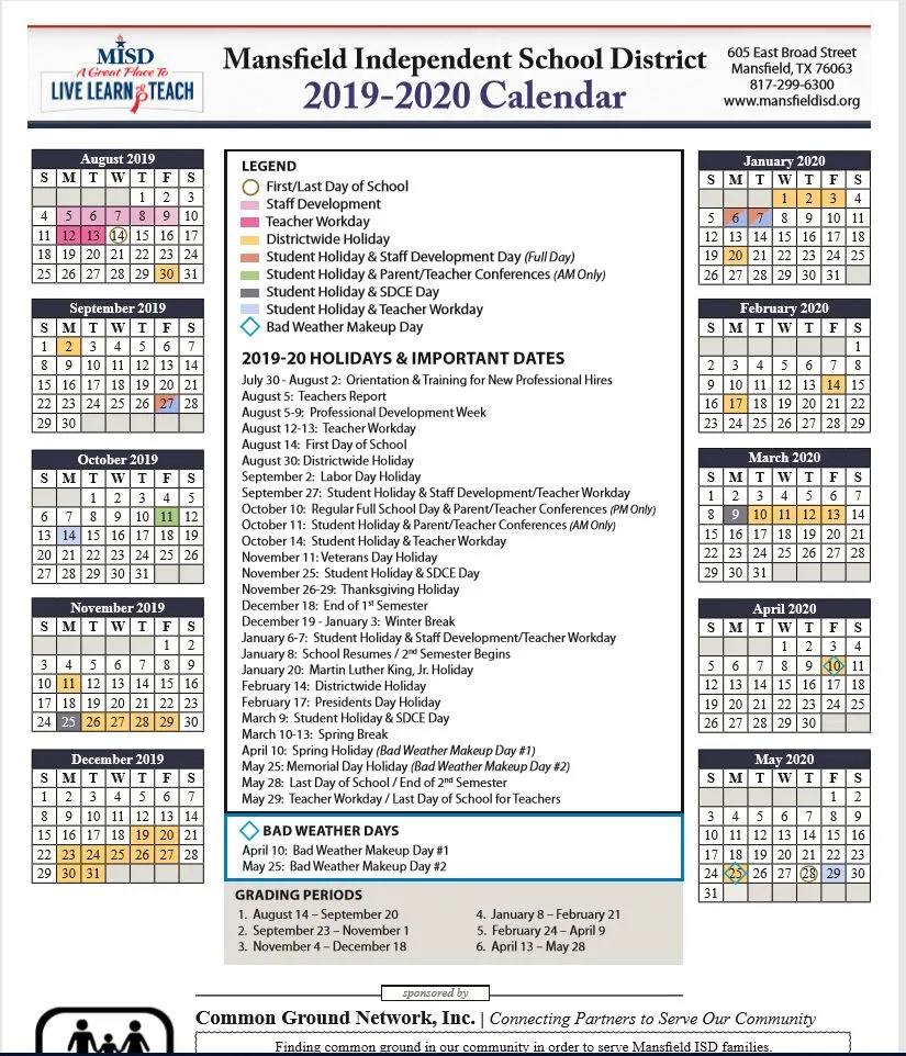 Mansfield ISD School Calendar 2019-2020