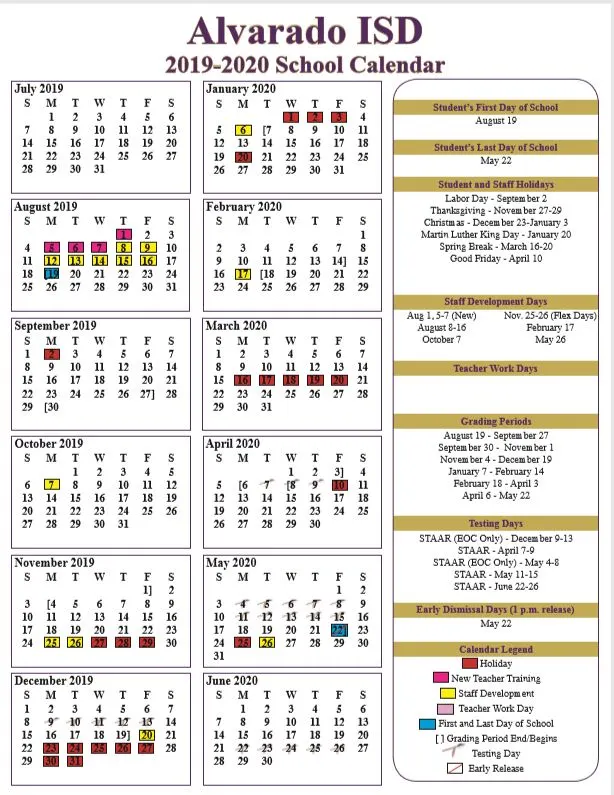 Alvarado ISD School Calendar 2019-2020