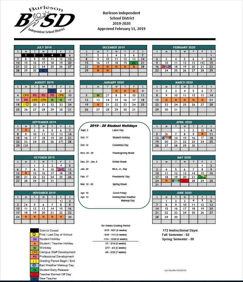 Burleson ISD School Calendar 2019-2020