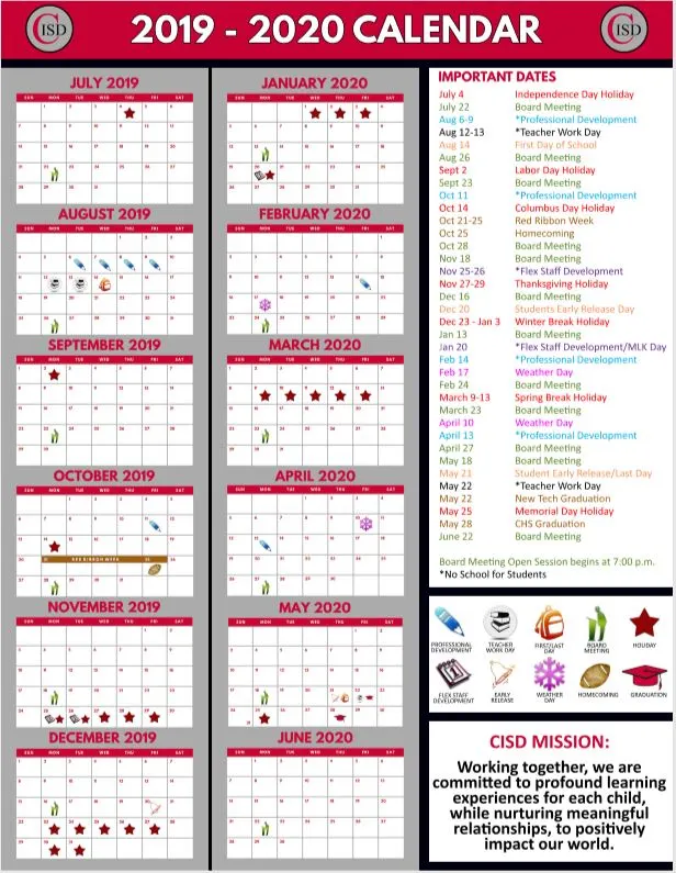 Coppell ISD School Calendar 2019-2020