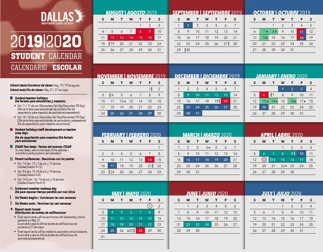 Dallas ISD School Calendar 2019-2020