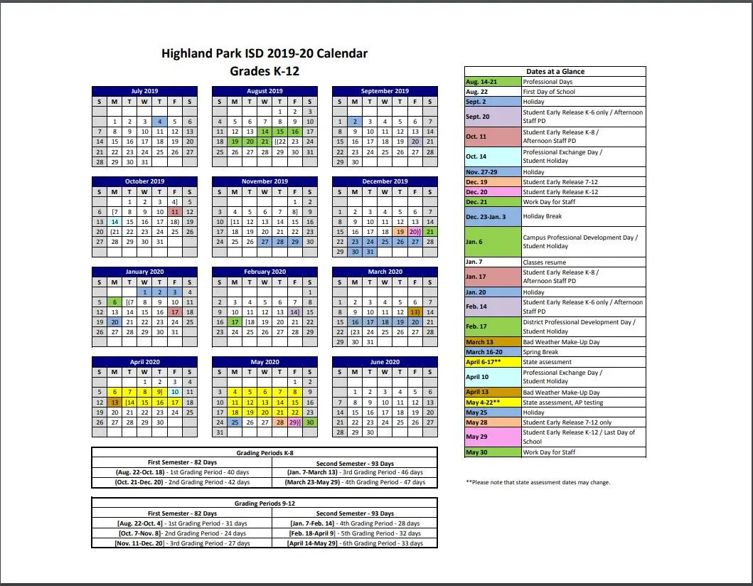 Highland ISD School Calendar 2019-2020