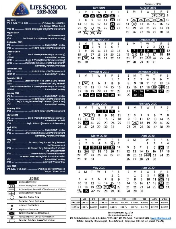 Life School ISD School Calendar 2019-2020