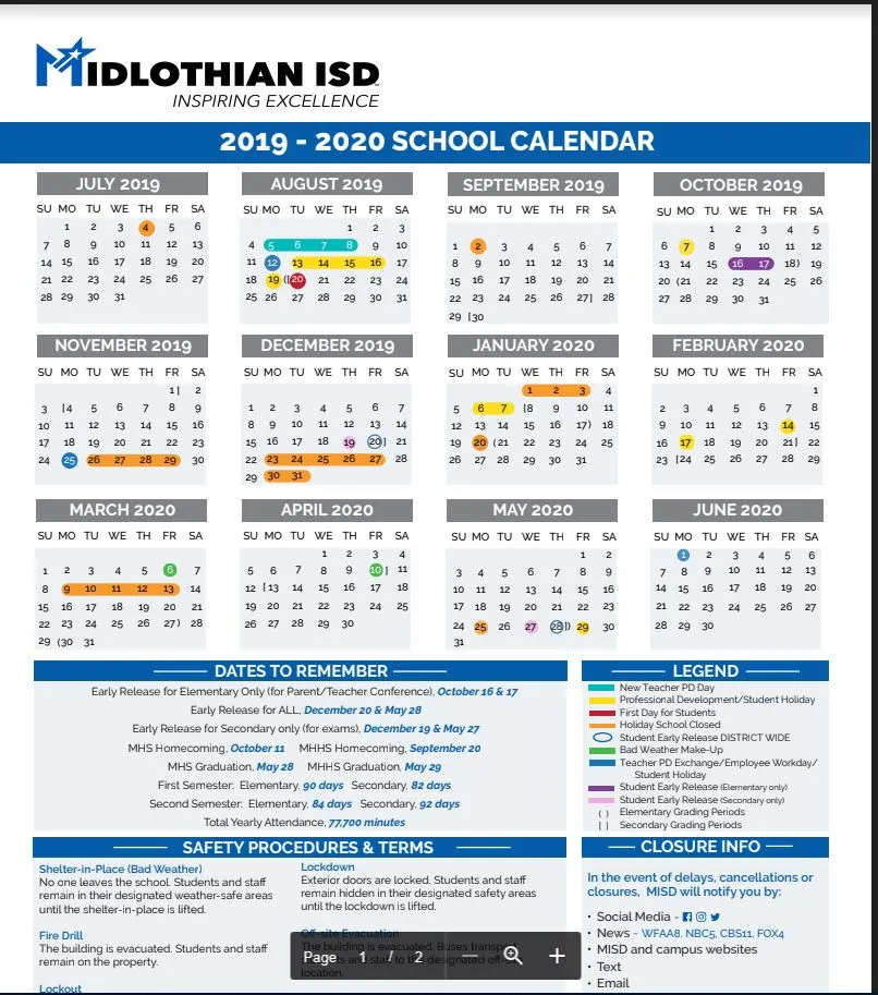 Midlothian ISD School Calendar 2019-2020