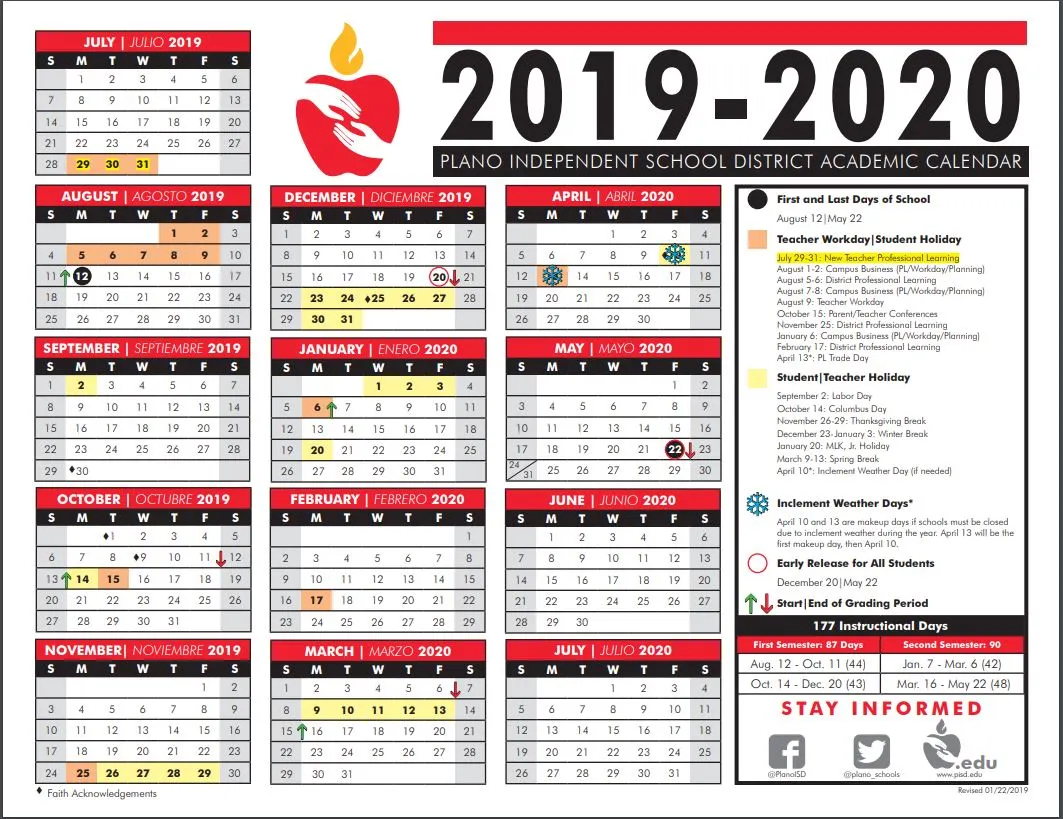 Plano ISD School Calendar 2019-2020