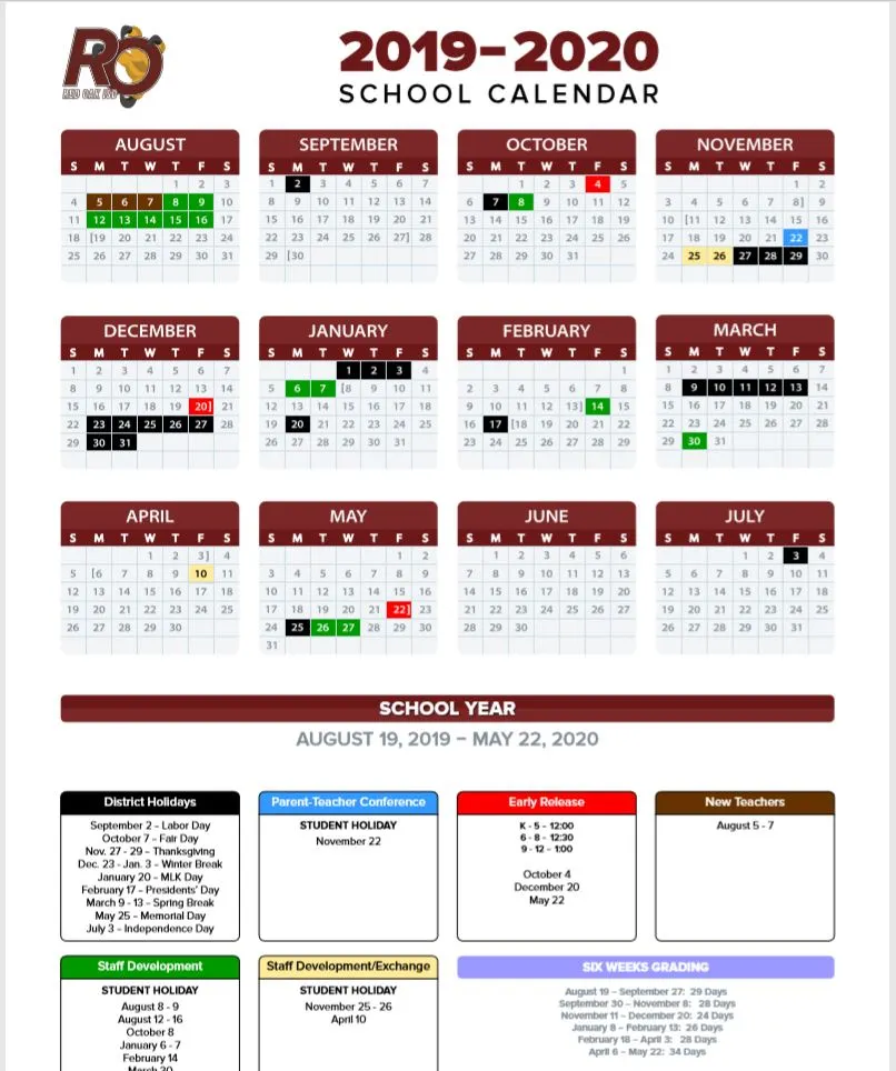 Red Oak ISD School Calendar 2019-2020