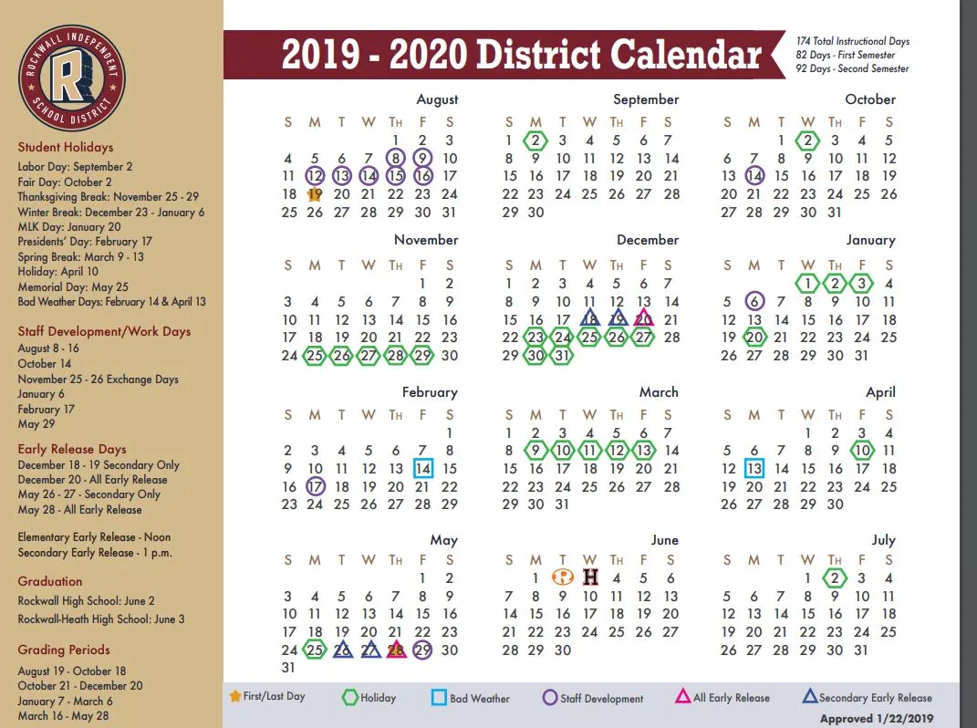 Rockwall ISD School Calendar 2019-2020