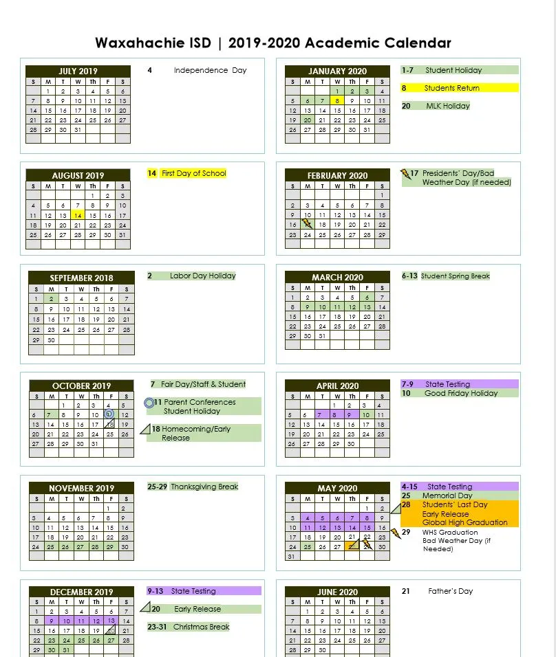 Waxahachie ISD School Calendar 2019-2020