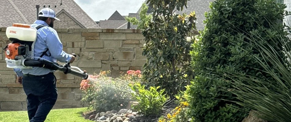 Crew applying a pest control treatment on a landscape bed in Addison, TX.