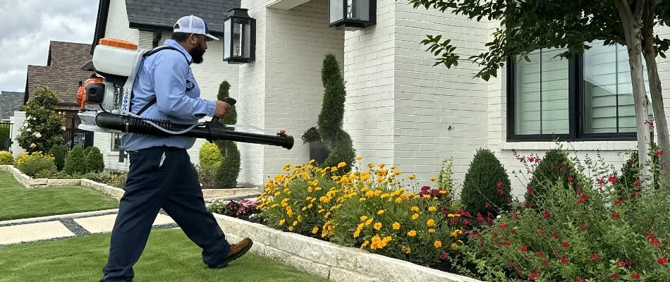 Mosquito control treatment being applied on a landscape in Crowley, TX, using a backpack fogger.