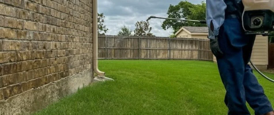 Perimeter pest control treatment being applied to the side of a building in Keller, TX.