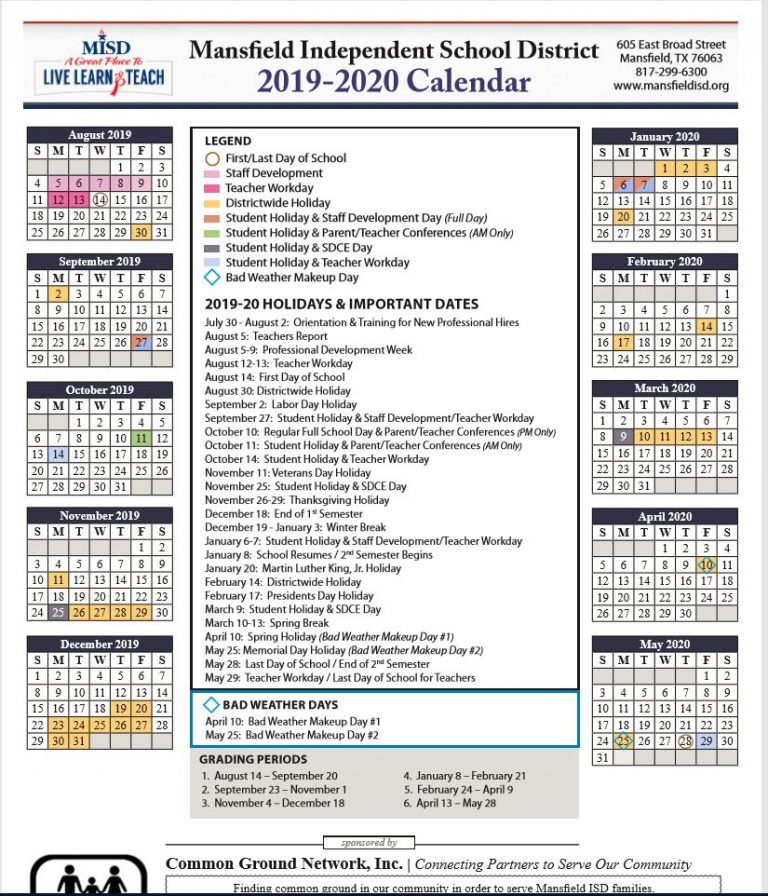 Mansfield ISD School Calendar 20192020 Sureguard Termite & Pest Control