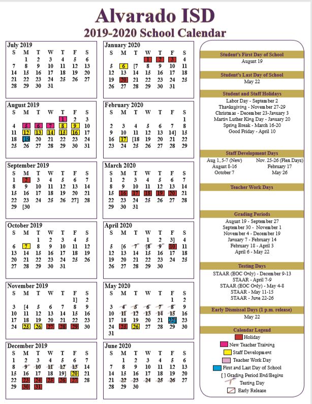 Alvarado ISD School Calendar 20192020 Sureguard Termite & Pest Control